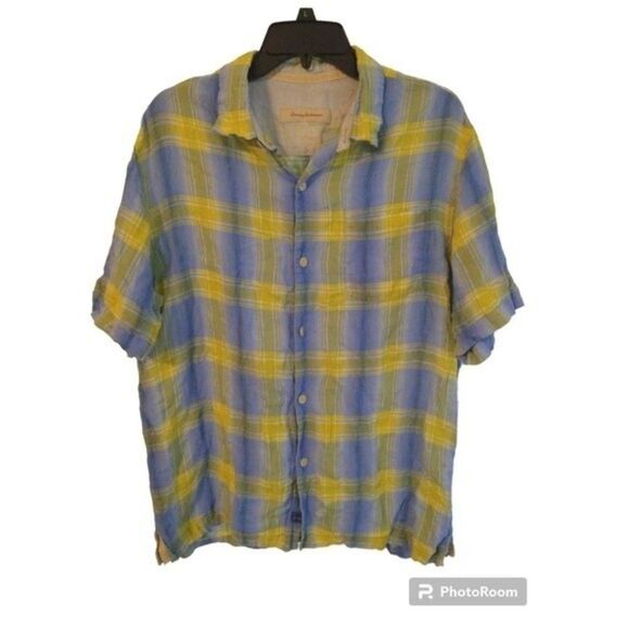 Tommy Bahama plaid 100% linen collared Button Down shirt Large blue & Yellow - Picture 1 of 9